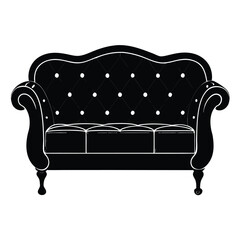 Vector art of elegant black silhouette of a tufted chesterfield sofa with ornate scrolled arms and carved legs, isolated on a, representing classic furniture design and luxurious interior decoration