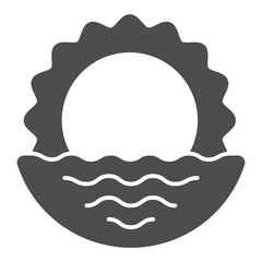 Sun and water with waves solid icon, traveler survey concept. Vector graphics. Sunset or sunrise at sea sign on white background, glyph style icon for mobile or web design.