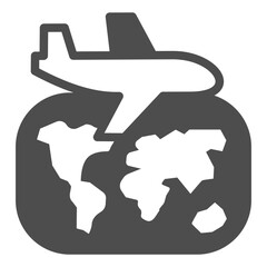 World map and plane solid icon, traveler survey concept. Vector graphics. Airplane flight all over the world sign on white background, glyph style icon for mobile or web design.