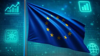European Union Flag with Digital Network, Data Analysis, and Growth Indicators for Economic and Political Connections - Powered by Adobe