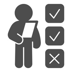 Man with questionary sheet and checkmarks solid icon, traveler survey concept. Vector graphics. Traveler and checklist sign on white background, glyph style icon for mobile or web design.