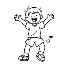 A black and white line art illustration of a young child exuberantly dancing with joy on white Background. 