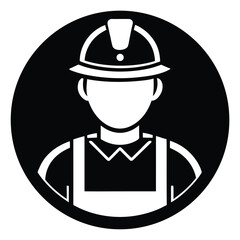 Vector art of a black and white circular icon representing a construction worker or builder wearing a hard hat and overalls, symbolizing labor, industry, and manual work, isolated on a