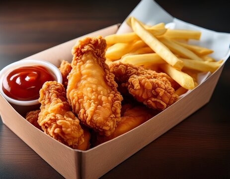 close up of crispy fried chicken tenders and golden french fries in a cardboard box on a table