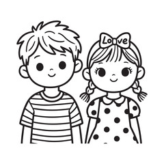 A black and white line art illustration of two young siblings, a boy and a girl, embracing in a warm hug on white Background. 