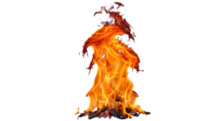 Ultra-realistic, vibrant column of dynamic flames with orange, yellow, and red hues, subtle reddish smoke rising, and glowing embers against a transparent background, concept of innovation and raw