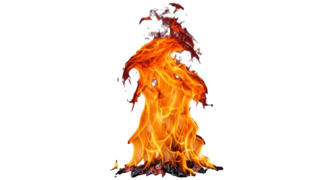Ultra-realistic, vibrant column of dynamic flames with orange, yellow, and red hues, subtle reddish smoke rising, and glowing embers against a transparent background, concept of innovation and raw