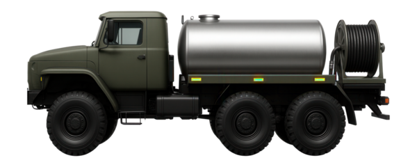 Three-axle army truck featuring a water tank and hose reel for firefighting