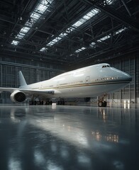 Exclusive Private Jet in Hangar with Gold and White Design, Luxury Aircraft on Pure Marble Floor Surrounded by Elegant Light Strips in Modern Warehouse Setting