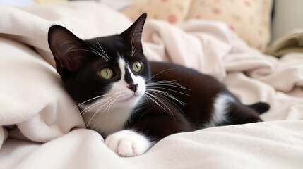 Cute black-white cat lies in bed on a blanket. Something attracts his attention and he looks one way then the other. These are funny animals. Active castrated cats. Entertainment animals.