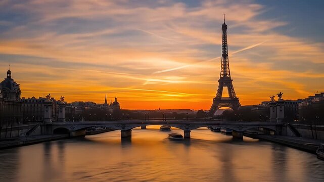 Sunset view of a river flowing through a European city with a bridge and tower visible
