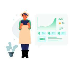 Vector Illustration A Female Farmer Using AI Assistant App on a Tablet