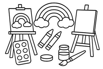 Creative art supplies arranged around colorful rainbows on easels in a vibrant studio setting