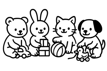 Cute animal friends playing with toys in a colorful setting during daytime