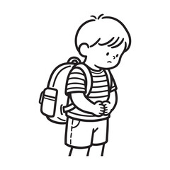 Bashful Young Child with Backpack and Striped Outfit silhouette vector Design. 