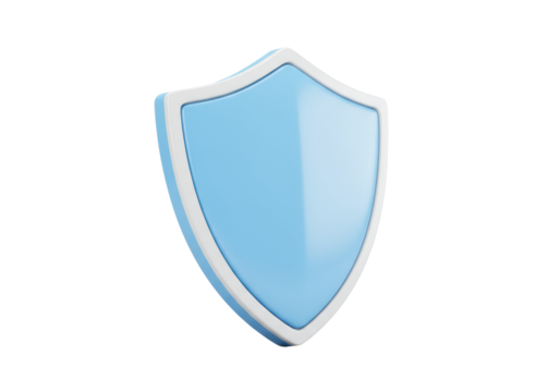 A sleek light blue digital security shield with a white border and dark blue outline, isolated on a transparent background with ample copy space. Concept of digital security