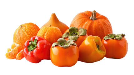 Various Types of Orange Color Fruits and Vegetables on Transparent Background