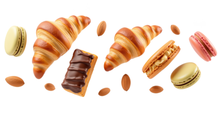 Delicious pastries including croissants, macarons, and almond snacks create delightful arrangement, perfect for dessert lovers