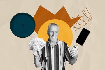 Pop creative collage of person stand hold banknotes with clock gadget over pastel color background