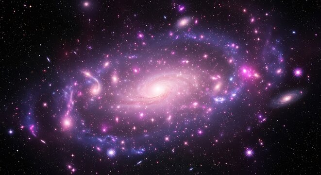 A stunning spiral galaxy with vibrant purple and pink nebulae and countless stars, set against the deep blackness of space, showcasing the vastness and beauty of the cosmos
