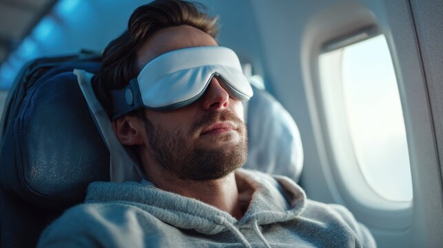 Smart Eye Massagers. Man resting on a plane, wearing a sleep mask to block out light.