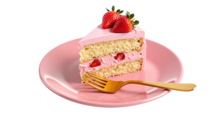 Delicious cake slice with pink frosting, strawberries, and golden fork on pink plate, perfect for dessert lovers