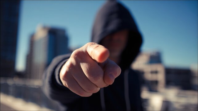 Hooded man pointing his finger in blurred urban environment