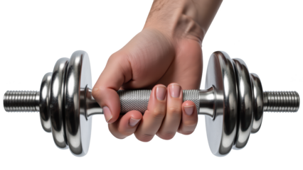 Strong hand gripping shiny dumbbell, showcasing strength and determination in fitness