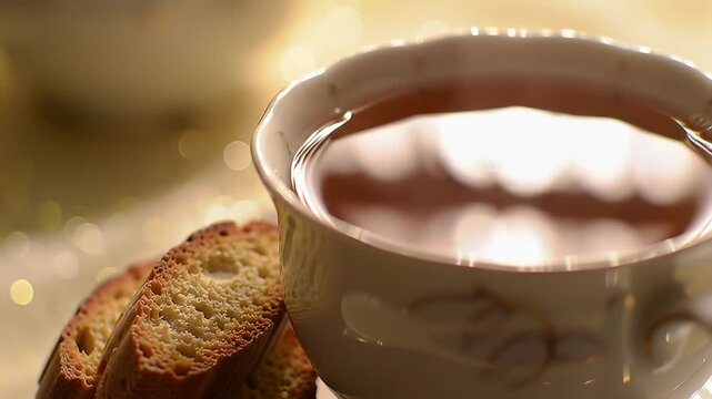 Tea in a delicate cup next to biscotti under warm, golden light in a soft focus setting