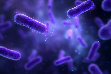 A bunch of purple bacteria are flying through the air