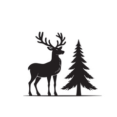 Vector art of black silhouette of a stag with large antlers standing next to a pine tree