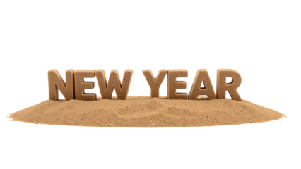 New Year celebration with sandy letters on beach, symbolizing fresh beginnings and joy