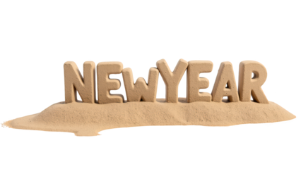 New Year sand sculpture on beach, showcasing creativity and celebration. sandy texture adds playful touch to festive theme