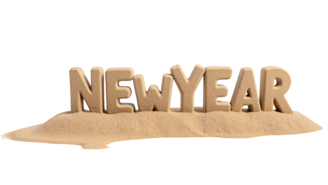 New Year sand sculpture on beach, showcasing creativity and celebration. sandy texture adds playful touch to festive theme