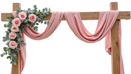 Elegant floral arch with pink drapery and roses, perfect for weddings or events, creating romantic atmosphere