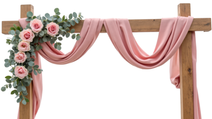 Elegant floral arch with pink drapery and roses, perfect for weddings or events, creating romantic atmosphere