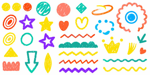 Assorted Hand Drawn Colorful Geometric Shapes and Symbols on White vector illustration