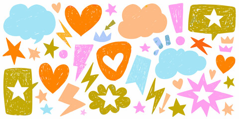 Assorted Hand Drawn Doodles Featuring Hearts Stars and Speech Bubbles illustration