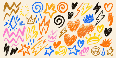 Assortment Of Colorful Hand Drawn Doodle Shapes On A Light Beige Background hand-drawn