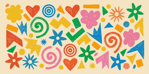 Colorful Abstract Geometric Shapes and Organic Forms on Beige Background vector illustration