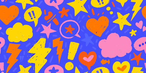 Vibrant Blue Background Filled With Colorful Hand Drawn Doodle Elements pattern hand-drawn