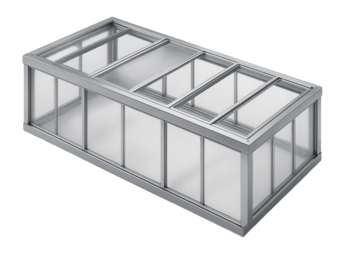 Aluminum-framed hangar with transparent polycarbonate panels and skylights