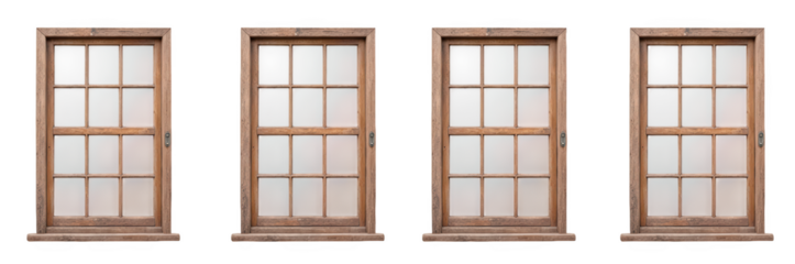 Rustic wooden windows with frosted glass panes, arranged in row, showcasing charming vintage style. warm tones of wood enhance cozy atmosphere