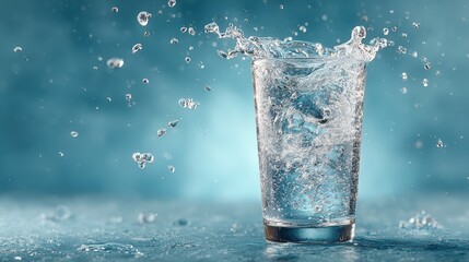 Overflowing glass of sparkling water making splashes on a blue background