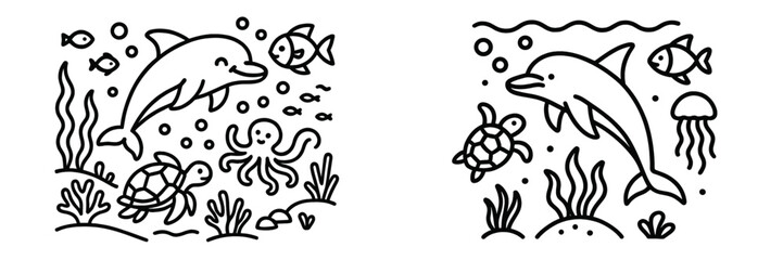 Colorful underwater scene featuring dolphins, turtles, octopus, jellyfish, and various fish swimming in a vibrant ocean setting