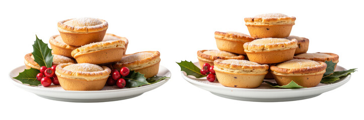Delicious baked goods arranged on plates, featuring festive decorations like holly and berries, perfect for holiday celebrations