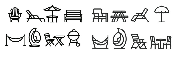 Various outdoor seating arrangements and recreational furniture for relaxation in gardens or patios