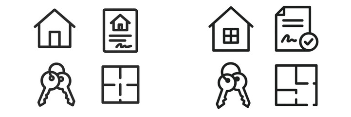 House icons and keys representing real estate and property transactions in a minimalist design