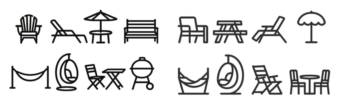 Various outdoor seating arrangements and recreational furniture for relaxation in gardens or patios