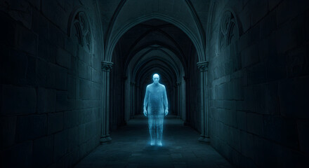 Obraz premium Ethereal figure in ancient gothic corridor, evoking mystery, spirituality, and the unknown.